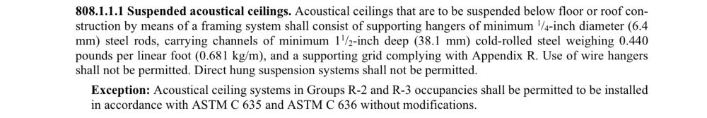 808.1.1.1 Suspended acoustical ceilings. Acoustical ceilings that are to be suspended below floor or roof construction by means of a framing system shall consist of supporting hangers of minimum ¼-inch diameter (6.4 mm) steel rods, carrying channels of minimum 1½-inch deep (38.1 mm) cold-rolled steel weighing 0.440 pounds per linear foot (0.681 kg/m), and a supporting grid complying with Appendix R. Use of wire hangers shall not be permitted. Direct hung suspension systems shall not be permitted.

Exception: Acoustical ceiling systems in Groups R-2 and R-3 occupancies shall be permitted to be installed in accordance with ASTM C 635 and ASTM C 636 without modifications.