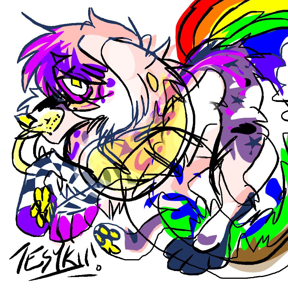 sketchy like digital drawing of a rainbow sparkledog with clear, checkerboard and zebra pattern accents and a terrarium like tail on a white background. it has a melancholy or even intrigued expression.