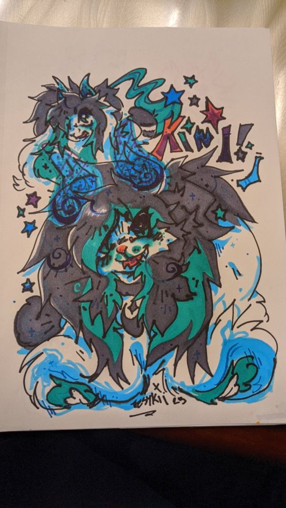 traditional marker art of headshot of a fluffy cat bunny character with horns and long hair