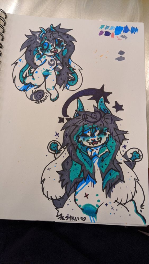cute traditional marker art of an anthropomorphic chibi style cat bunny with long hair and teal horns