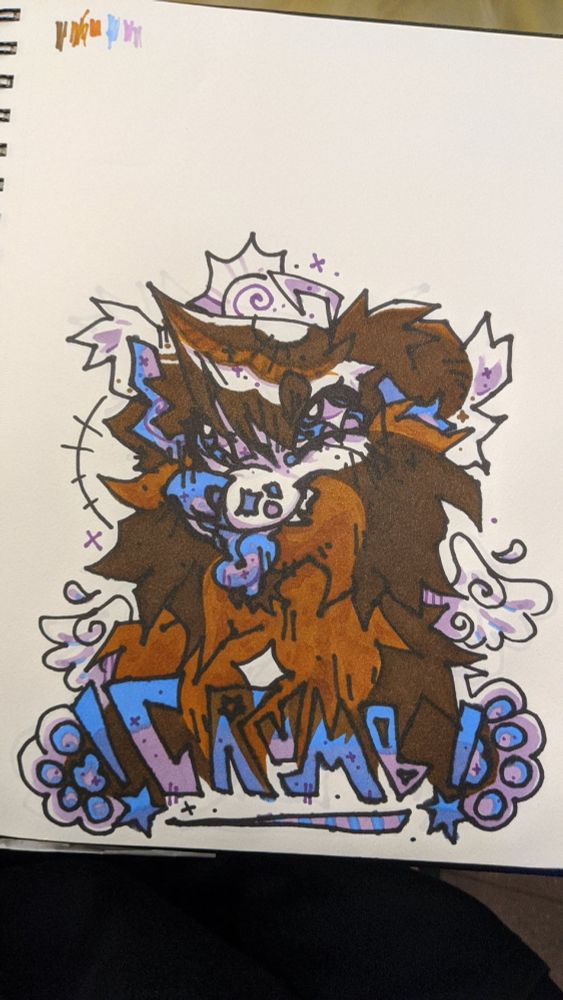 a traditional marker drawing headshot badge of a brown tanooki with periwinkle accents and angel wings :)