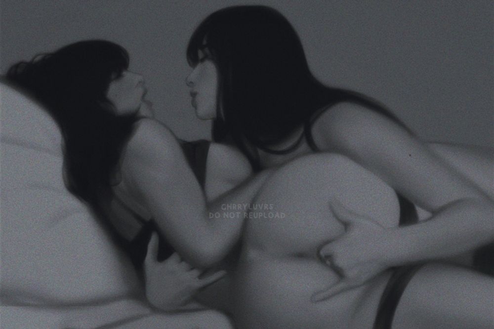 illustration of fem jinkook being intimate. jungha's shirt is rucked up above her chest, her panties pulled down just enough for soojin to finger her. soojin is leaning over jungha and has one arm wrapped around her, watching her as she moves three fingers inside her. 🍒