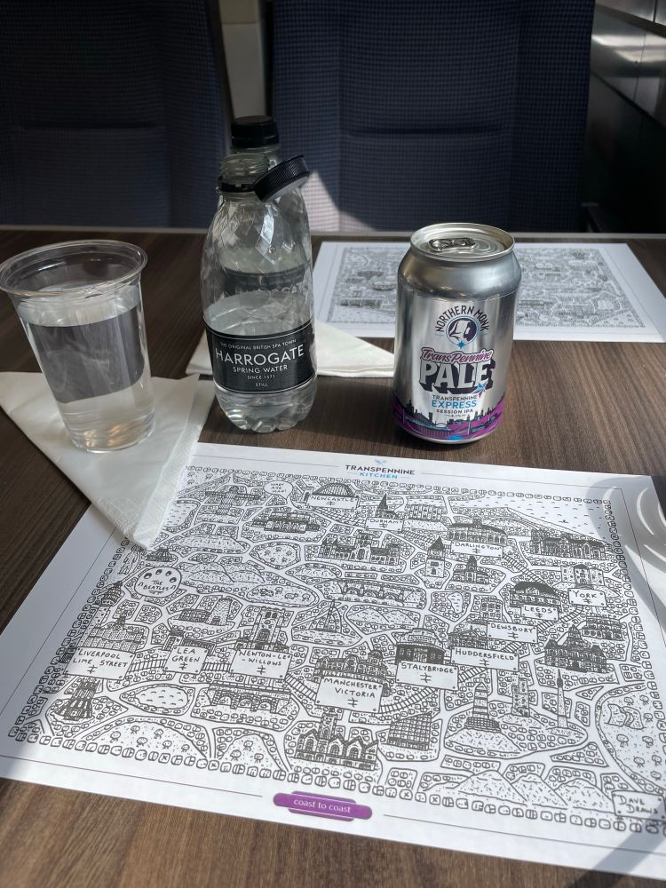 TransPennine Express placemat for the coast to coast kitchen and their own branded Ale, with some still Harrogate spring water