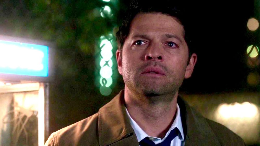 A teary eyed Cas standing by the phone booth, Advanced Thanatology. He’s looking at Dean. Cas is back from the Empty, back from death. 