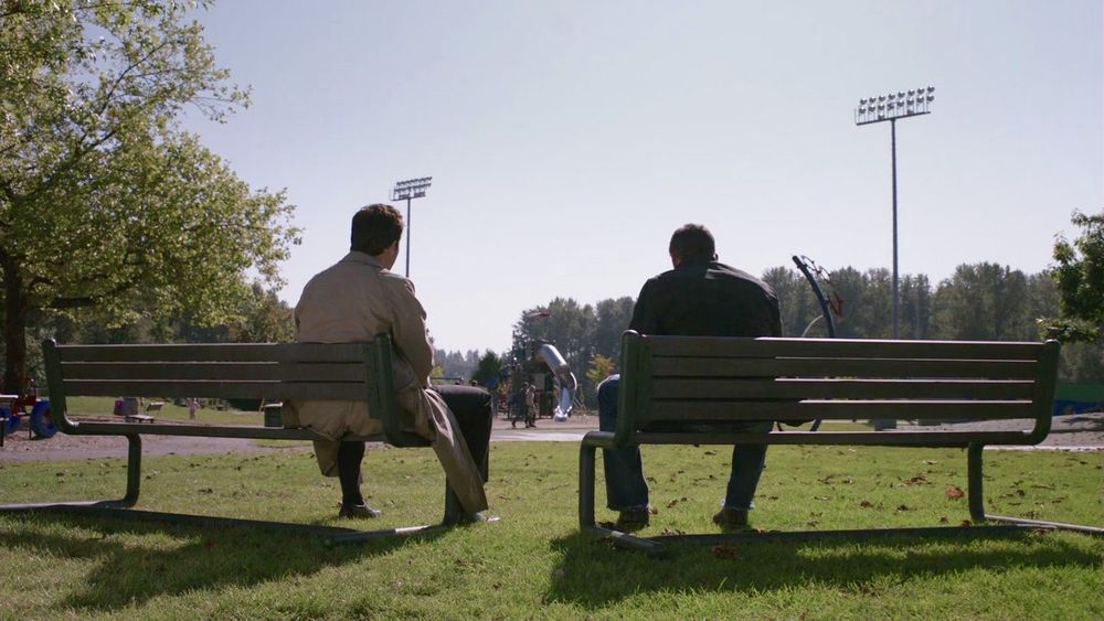 Castiel and Dean sitting on separate park benches, It’s the Great Pumpkin, Sam Winchester. 