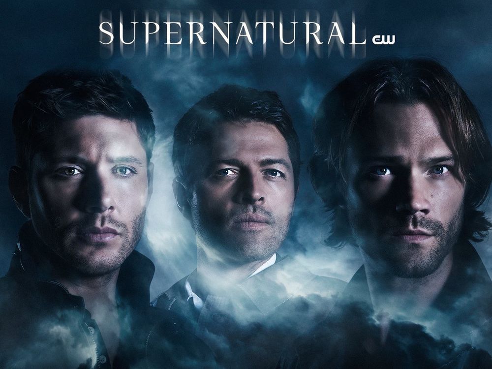 CW promo photo of Jensen Ackles, Misha Collins, and Jared Padalecki. 