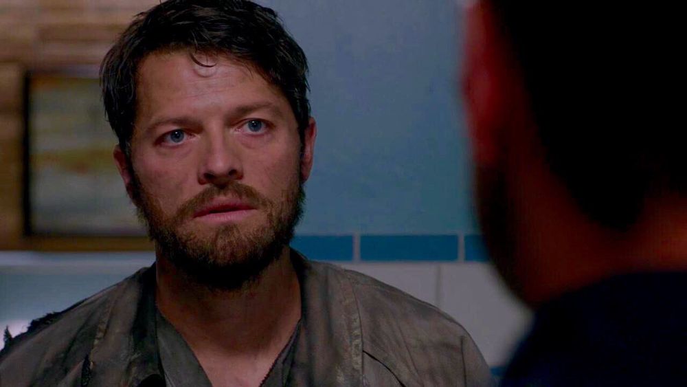 A bearded Castiel in dirty clothes talking to Dean, A Little Slice of Kevin. 

“Hello Dean.”