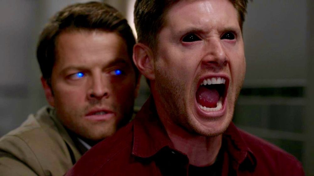 Cas using his angelic strength to hold Demon Dean, Soul Survivor.