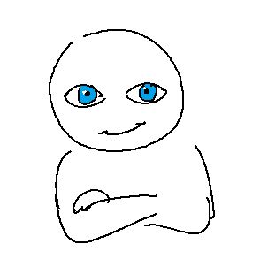 an eerily, intensely blue eyed character with a smirk and their arms crossed staring directly at cam