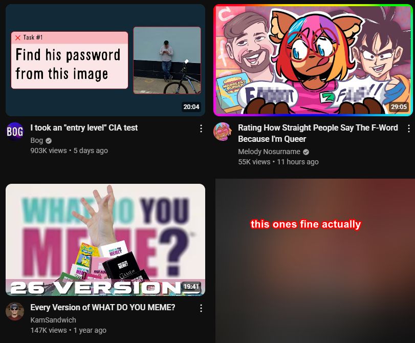A screenshot of YouTube, showcasing 3 videos: "I took an entry level CIA test" by Bog, "Rating How Straight People Say The F-Word Because I'm Queer" by Melody Nosurname, and "Every Version of WHAT DO YOU MEME?" by KamSandwich. A fourth video is blurred, with text over it that says "this ones fine actually."