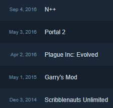 First 5 steam purchases, from oldest to newest: Scribblenauts Unlimited, Garry's Mo, Plague Inc: Evolved, Portal 2, N++