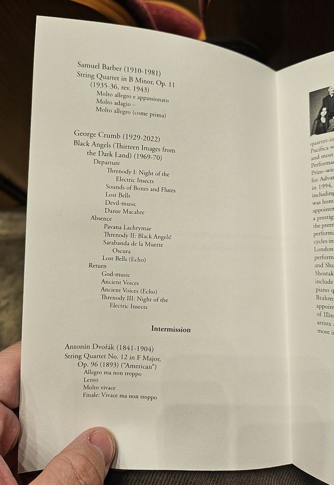 Interior of the program, listing the pieces: Samuel Barber's Quartet in B minor, Op. 11; George Crumb's Black Angels; and Antonín Dvořák's Quartet No. 12 in F major, Op. 96