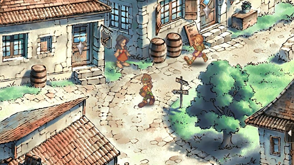 A picture of Saga Frontier Remastered showing off the watercolour backgrounds. It's a village setting with a few small buildings, a stone path and a grassy area with a tree. Also featured is a character I think is called Wil but I'm not sure 😂
