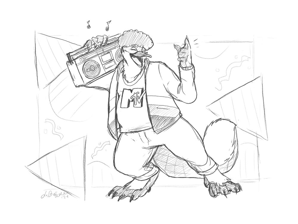 Sketch of platypus monster in vintage MTV shirt with a boombox stereo on his shoulder.