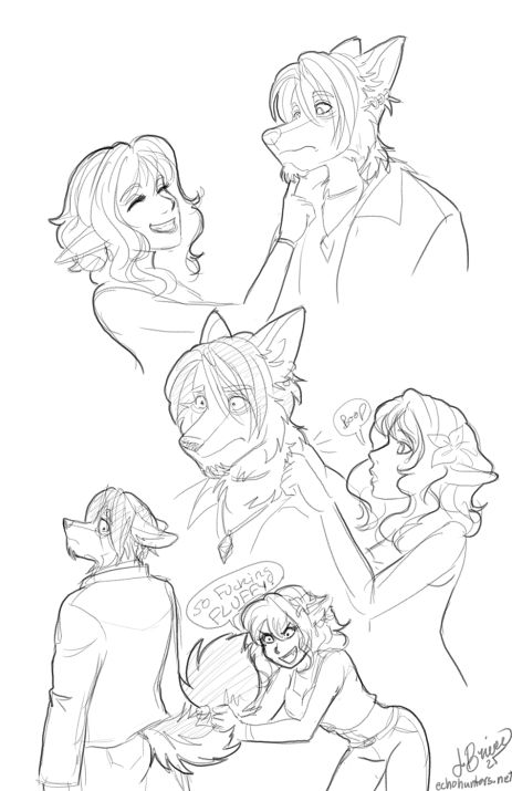 Sketches elf girl poking wolf-fox guy's goatee, then through his neck fluff, then grabbing his tail saying things that would flag this post as rude if I put it in the alt-text. 