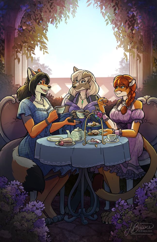 Three women having tea in a secluded garden.