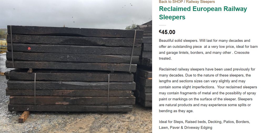 A sales listing for creosote-treated railway sleepers stating that they are "Ideal for Steps, Raised beds, Decking, Patios, Borders, Lawn, Paver & Driveway Edging"