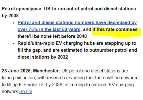 Email reads: Petrol apocalypse: UK to run out of petrol and diesel stations by 2038

Petrol and diesel stations numbers have decreased by over 75% in the last 50 years, and if this rate continues there’ll be none left before 2040
Rapid/ultra-rapid EV charging hubs are stepping up to fill the gap, and are estimated to outnumber petrol and diesel stations by 2032
 

23 June 2025, Manchester: UK petrol and diesel stations are facing extinction, with research revealing that there will be nowhere to fill up ICE vehicles by 2038, according to national EV charging network Be.EV.