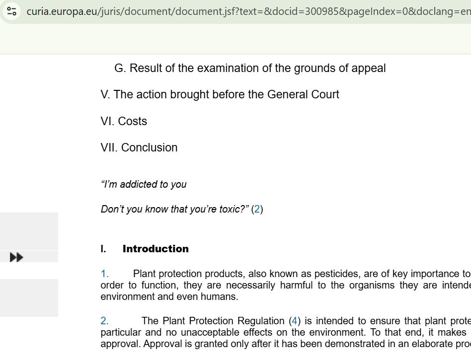 Image shows an ECJ opinion by advocate-general Kokott on Pesticide Action Network Europe vs the European Commission, which starts with a quote from Britney Spears' Toxic
