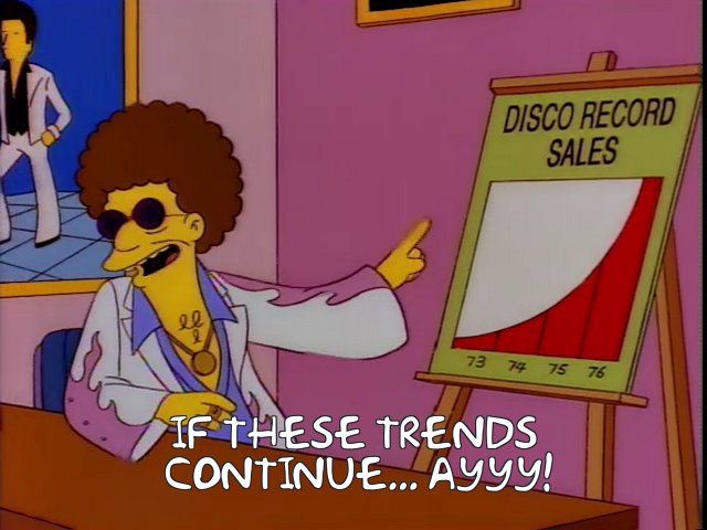 A screengrab from the Simpsons showing Disco Stu pointing to a chart showing exponential growh of disco record sales, saying "if these trends continue... ayyy!"