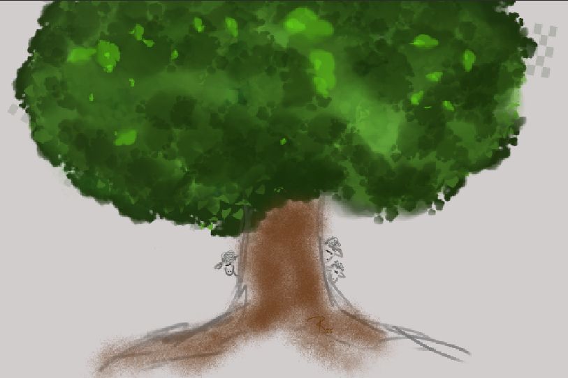 a digital doodle of three sheep "hiding" behind a tree