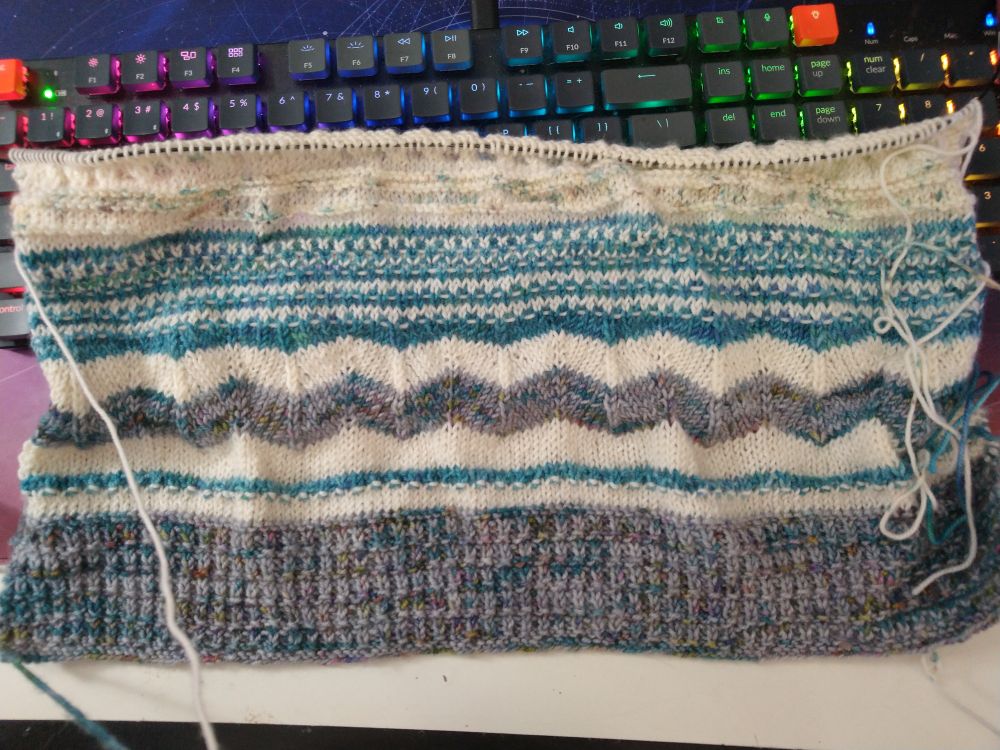 A WIP shawl with purple, blue and white yarn