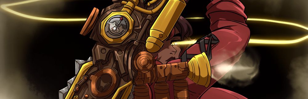 Close up of the first image: Patreon commission for Ash of their FFXIV Viera Dark Knight OC Azuki. A rich-skin-toned Viera woman with her long ears hidden behind a mechanical great sword, she has brown and red hair, a fluffy tail, and is wearing a long-sleeved red shirt with suspenders and black shorts that reveal her thighs. She is partially obscured by steam that her great sword- that is also a chainsaw, is producing, and her revealed eye glows in the darkness.