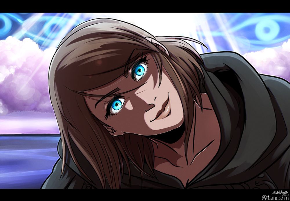 Athena from FFXIV doing that thing where she leaned in waaay too close to the camera with her creepy bright blue eyeballs. A joke because she is a terrible mother! Erichthonios is a precious boy, she doesn't deserve him!