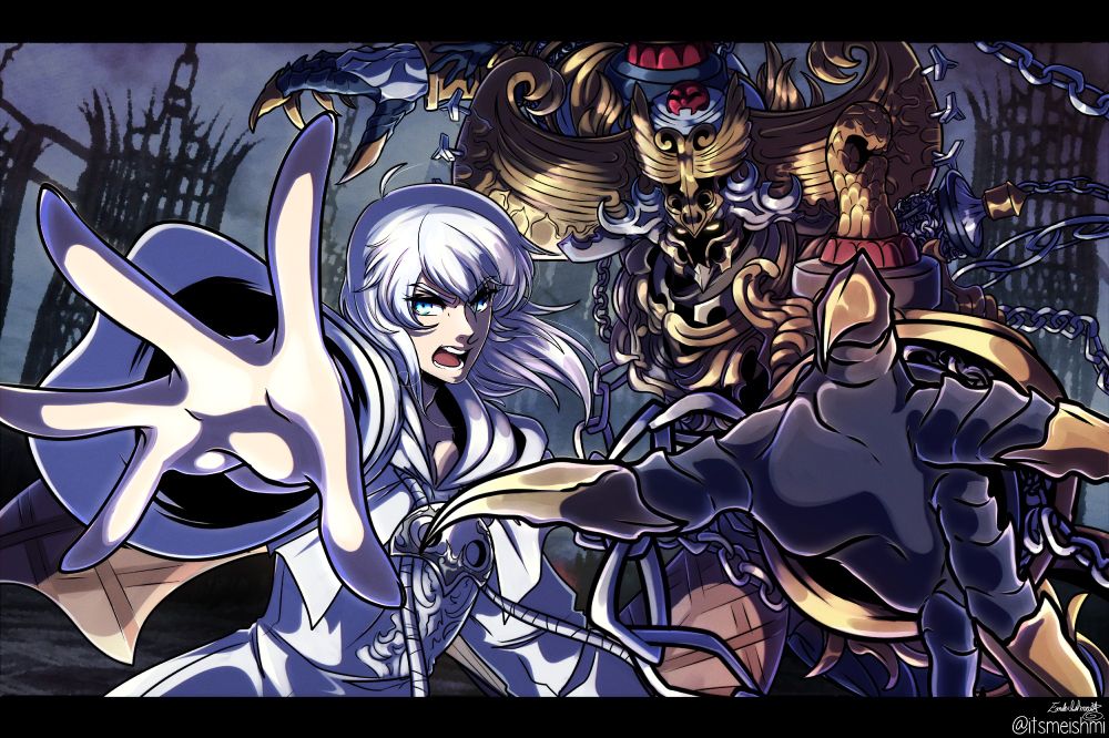 Themis, the white haired ancient with shorter stature from FFXIV's Endwalker, and Erichthonios, the large armored jailmaster form of another ancient from FFXIV, extending their hands towards the screen dramatically