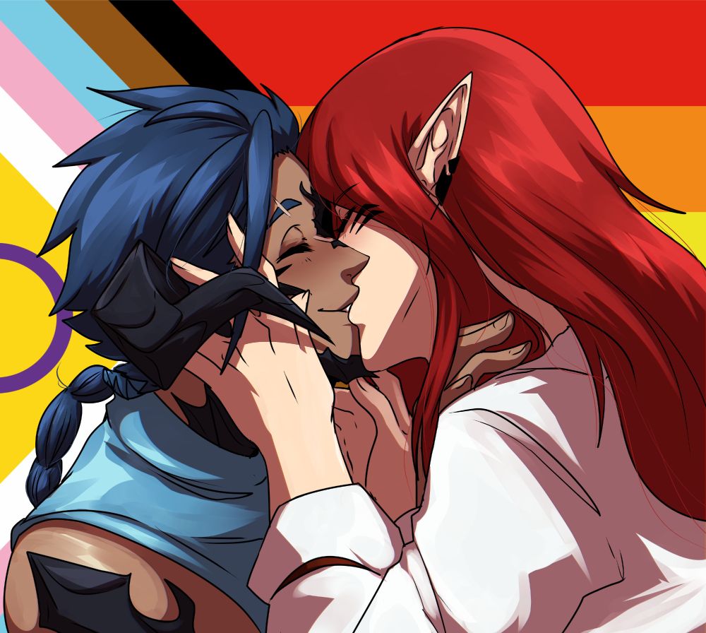 Doodle of my OC Oracio shmooching my friend @finowlly's OC Khasar for Pride Month!