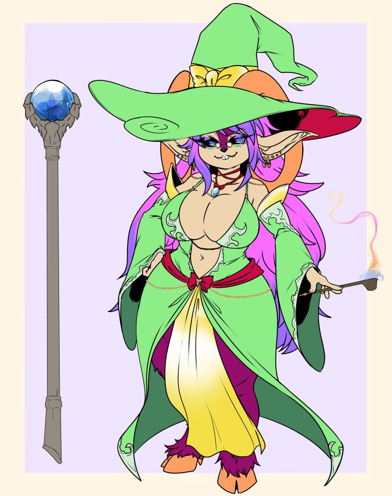 SFW version of a design commission, flat colors, for Chaotic Betty. A tan and magenta colored fawn-imp-adjacent magical being with long curled orange horns and hooves, bright pink and purple hair and blue eyes. She is wearing a revealing witches outfit, tiny glasses and a smoking pipe. Character is 20+ and consenting.