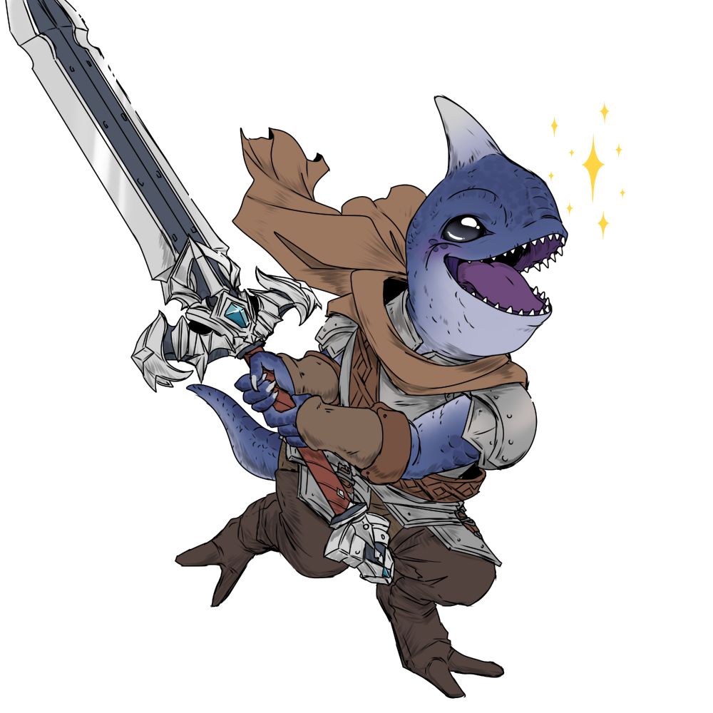 Messy doodle of Gulool Ja in a lil knight uniform, as depicted by the lovely gpose artist Sarama! Running excitedly with his big ol' sword!