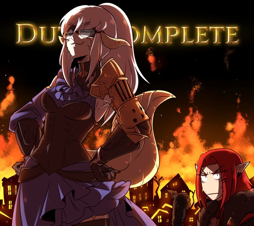 Hiroyo standing proudly as a village burns in the background that Ori is trying to get her attention over, while the FFXIV Duty Complete hovers in the background.