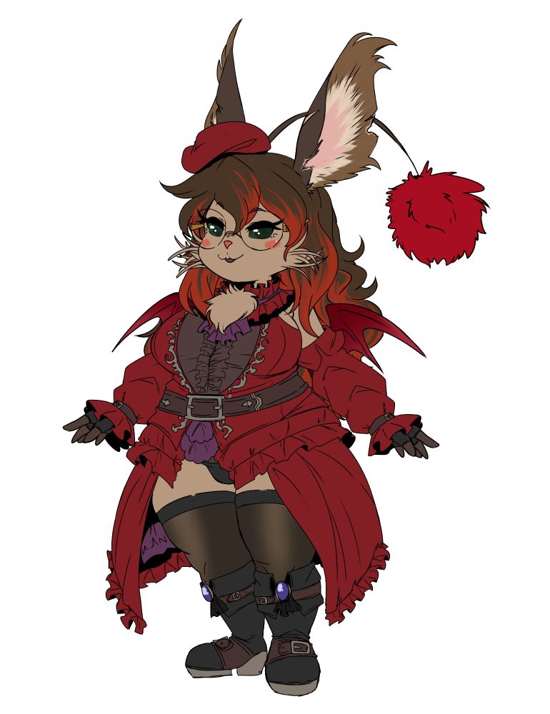 Ivalice Moogle FFXIV Red Mage Outfit sketch commission for Chaotic Betty. A light brown moogle lady with brown and orange-red hair, big ears and a red pom. She is wearing a frilly red mages outfit that shows off her legs and her chest fluff. She also has a small red hat and big round glasses. Character is 20+, she is just short statured as a moogle from FF12/FFTA.