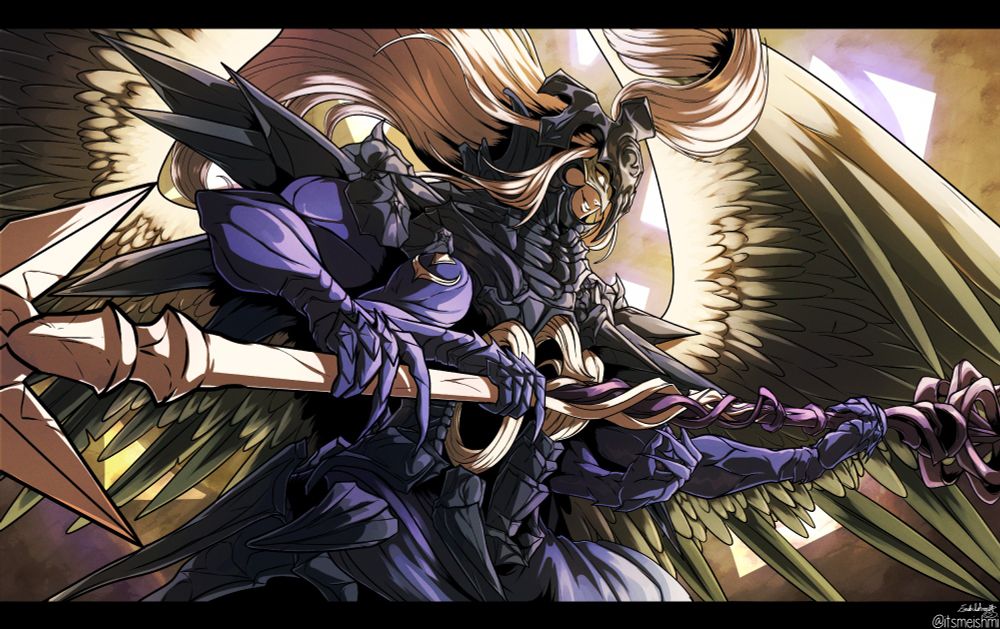 Ephemeral Justice, Themis' boss fight from the Pandaemonium raid tier in Endwalker. In his pose from his intro cutscene where he shows off his four arms, his great two headed spear/staff, and his wings!