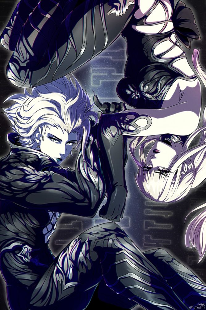 Omega M and Omega F, the two halves of Omega when they split to attempt to "copy the strength" of the mortal form, taking on a male and female appearance. They have white hair, white skin, pink or blue eyes depending on the form, and black skin tight body suits. They are sitting looking at the viewer, one up-side-down and the other right-side-up