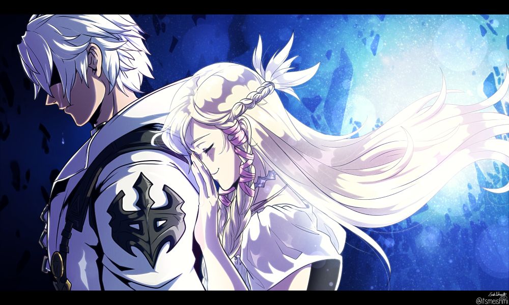 Thancred, from FFXIV's Endwalker, crying while looking away from the blinding light of the crystals behind him, while the spirit of Minfilia in the lifestream within the Atiascope dungeon gently holds his back, wishing him a fond farewell that she never got to say in person before her demise. 