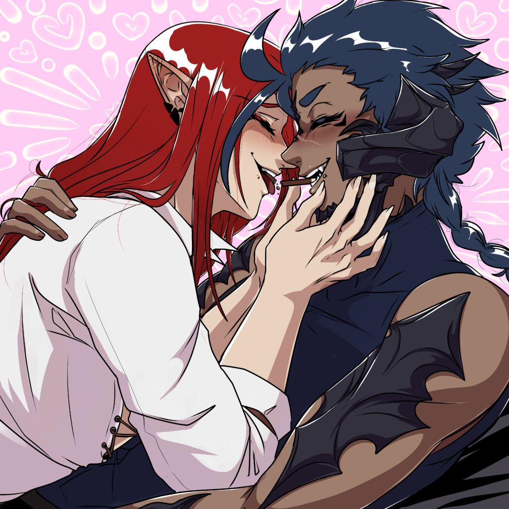 My OC Oracio and my friend @Finowlly's OC Khasar sharing a silly and wholesome moment sharing a pocky stick for pocky day, both giggling/laughing over the silliness of accidently breaking it, Ori going to hold Khasar's face tenderly while Khasar welcomes his partner into a hug