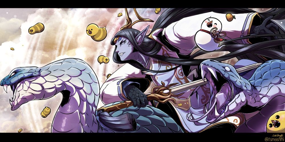 Redraw of an old Seiryu fanart I did ages ago! Seiryu, a boss in FFXIV, with his two extra snake heads, soaring through the air, surrounded by the tiny and adorable Great Serpents of Ranka/Tural