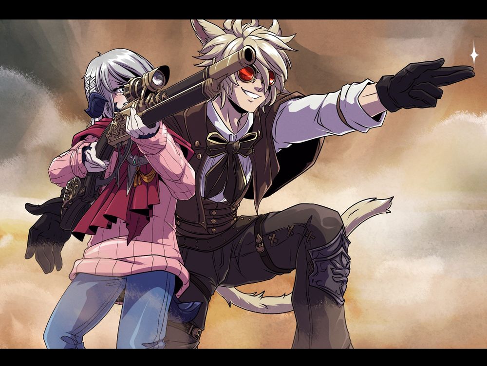 Miqo'te Machinist mentoring a young Au Ra girl on how to aim a rifle 