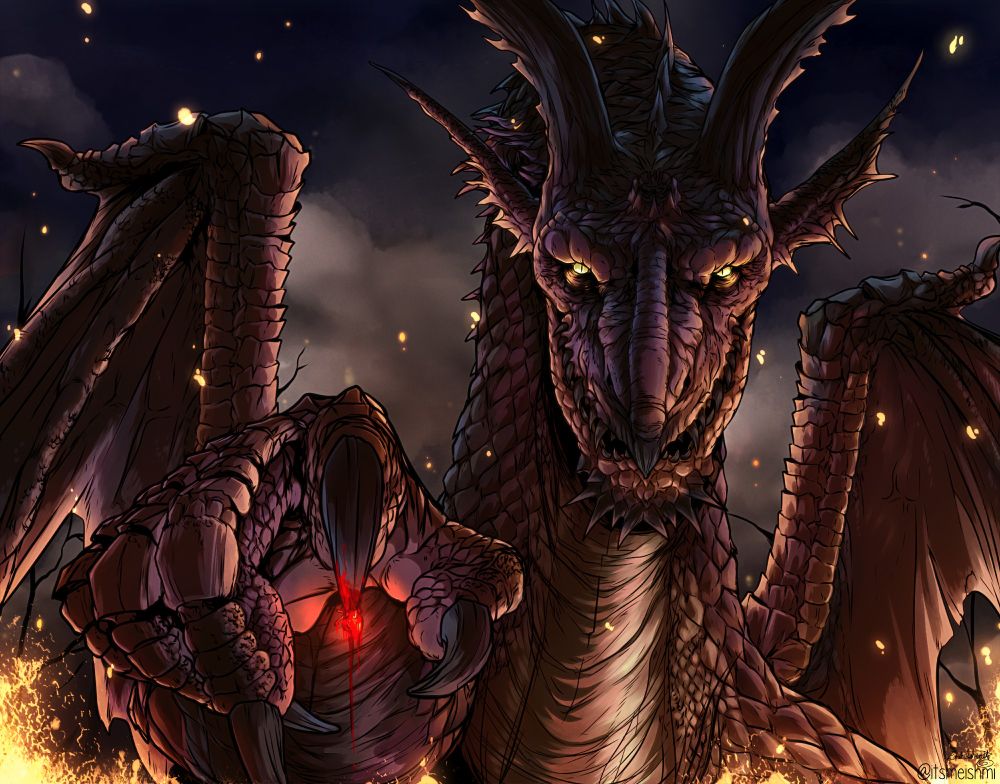 The great Dragon enemy from Dragon's Dogma II having just plucked the to-be-Arisen's heart from their chest after burning them to death with fire breath.