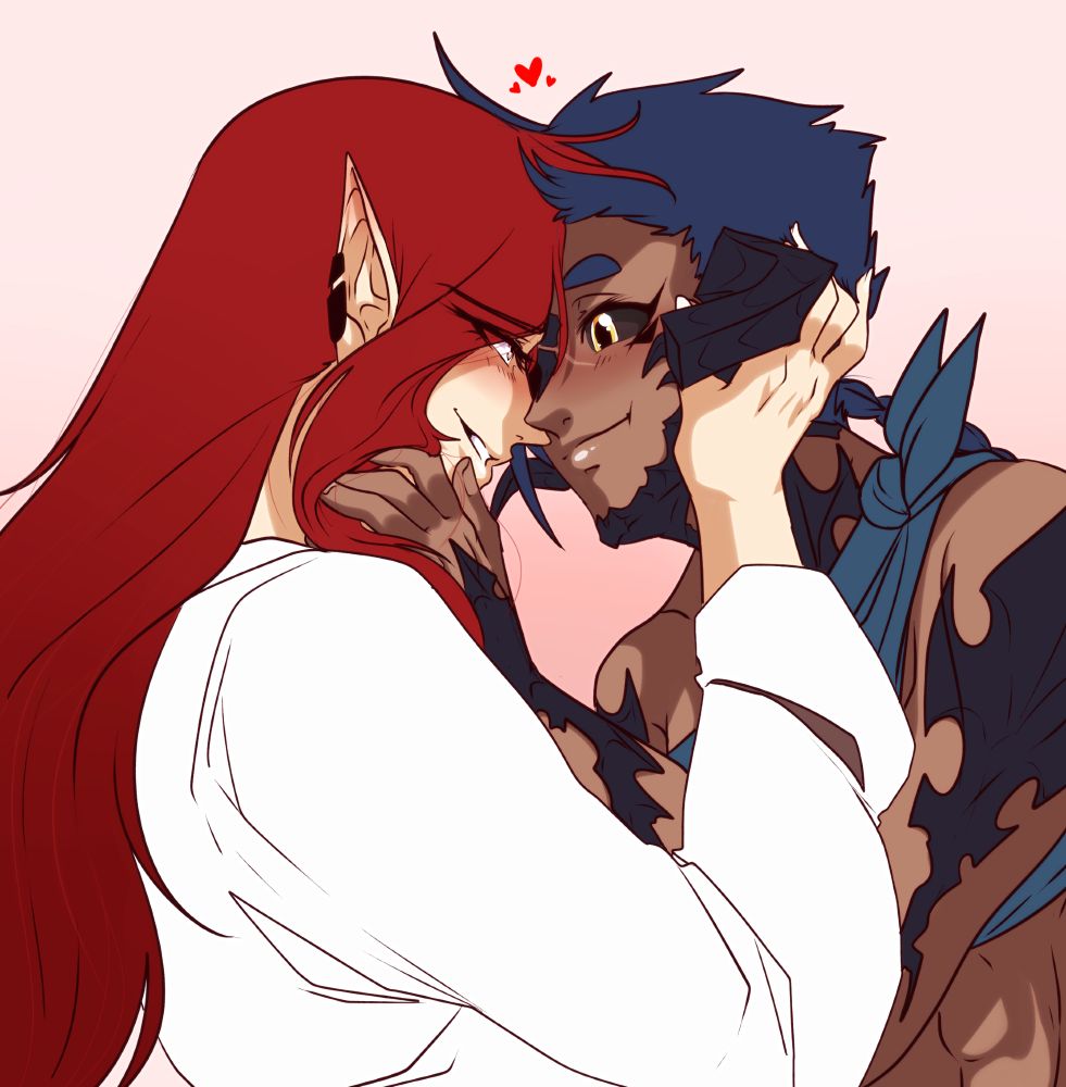 My character Oracio, the red haired Elezen from FFXIV, and my friend's character Khasar, the blue haired Au Ra missing the tip of his left horn from FFXIV, tenderly holding one another close while they press their foreheads together, staring into each other's eyes