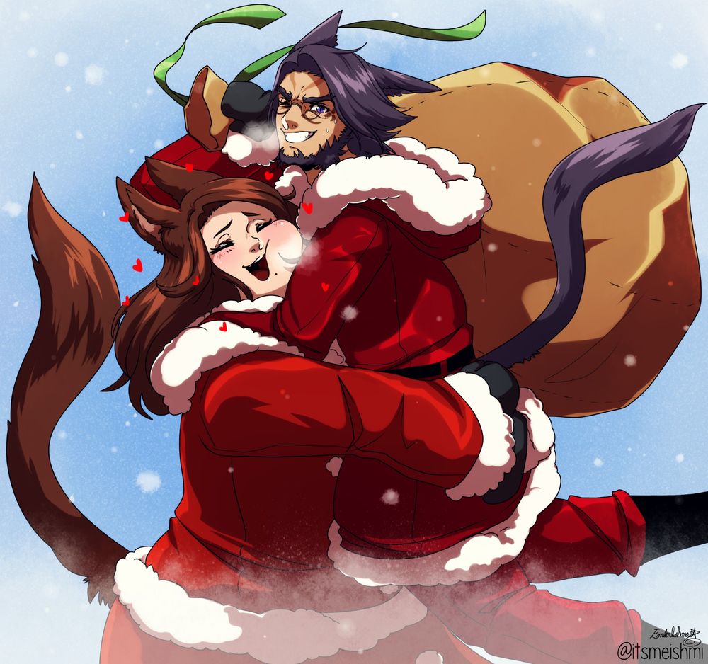 Older drawing I still love of Dulia Chai and Chai Nuzz dressed in festive clothing, Dulia having picked her tiny husband up and giving him a squeeze, while he struggles to hold a great sack of presents to gift all the little babs in Eulmore!
