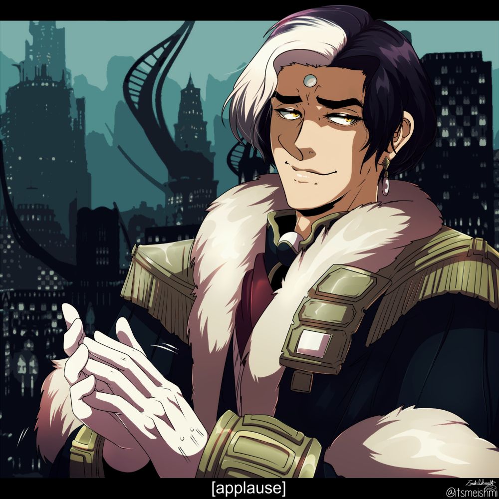 Slightly cleaned up, old colored doodle of Emet-Selch clapping, being a smug, sassy weasel 
