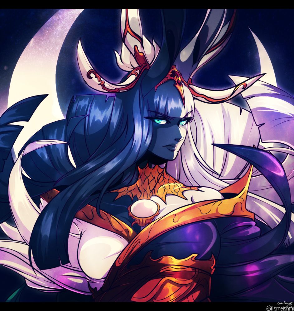 A colored doodle bust drawing of Tsukuyomi, the Primal that Yotsuyu became in FFXIV during the patches of Stormblood, that I re-drew a few years ago. She still has one of my favorite designs, even if I wish she and some of the other lady Primals were more monstrous, I think she's gorgeous!