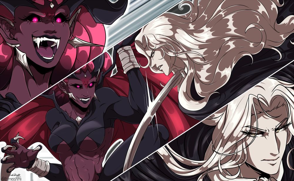 Drolta vs Alucard! A demonic vampire Drolta, her eyes a vivid pink, her skin deep maroonish brown, wearing a revealing black outfit, faces off against Alucard, with pale skin and bright platinum hair, his eyes golden and determined! Based off of one of the fight scenes from Castlevania Nocturne Season 2!