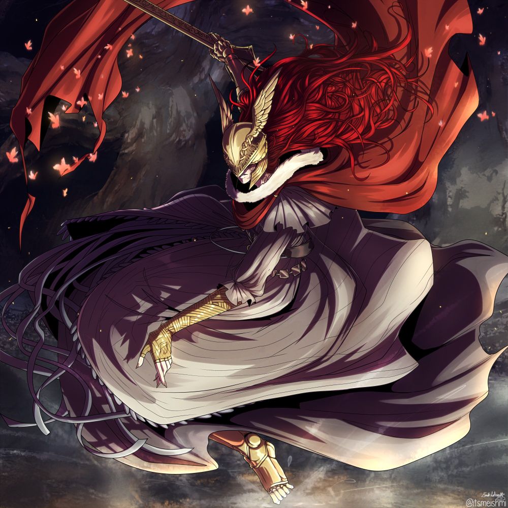 Malenia from Elden ring, a red headed woman swinging her blade through the air, her butterflies trailing behind her, along with her cape billowing, her hair and dress whipped up by her movement