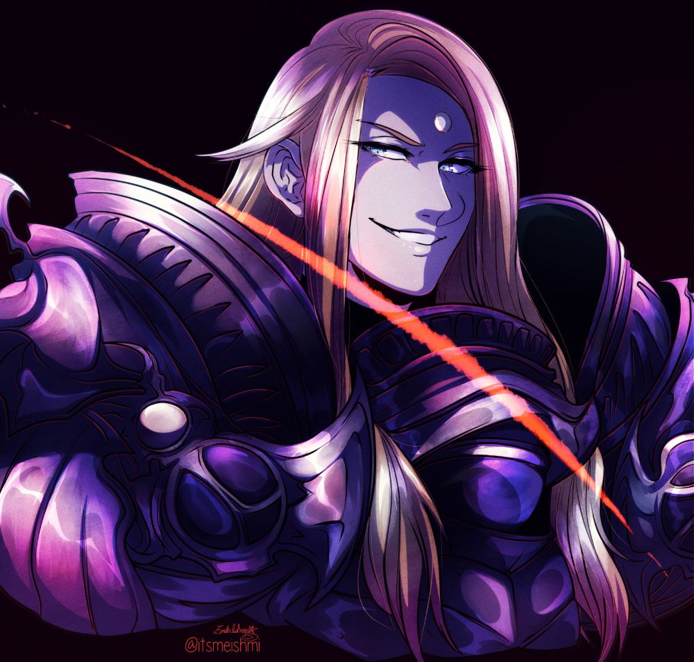 Bust of Zenos from FFXIV, looking potentially menacingly(or lovingly) at the audience with a red slash across his neck, much akin to the cut he served himself at the end of Stormblood's main storyline, where he took his own life