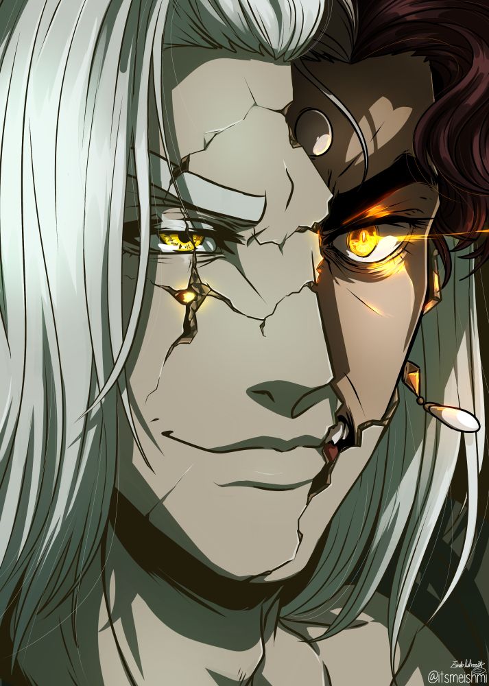 The "Cracked Kawaii Face" art meme, but instead of a cute mask, I had an idea for Emet-Selch! Hades, a man with white hair, a smug, but meaningful smile, and golden eyes, crumbling away to reveal himself beneath, but as Solus Emet-Selch, the man he became, yelling angrily and frustratedly with the fires of the apocalypse he survived still burning in his eyes. His form has the same bright eyes, but a third white eye orb upon his forehead, a single earring, and burgundy hair with a shock of white. 