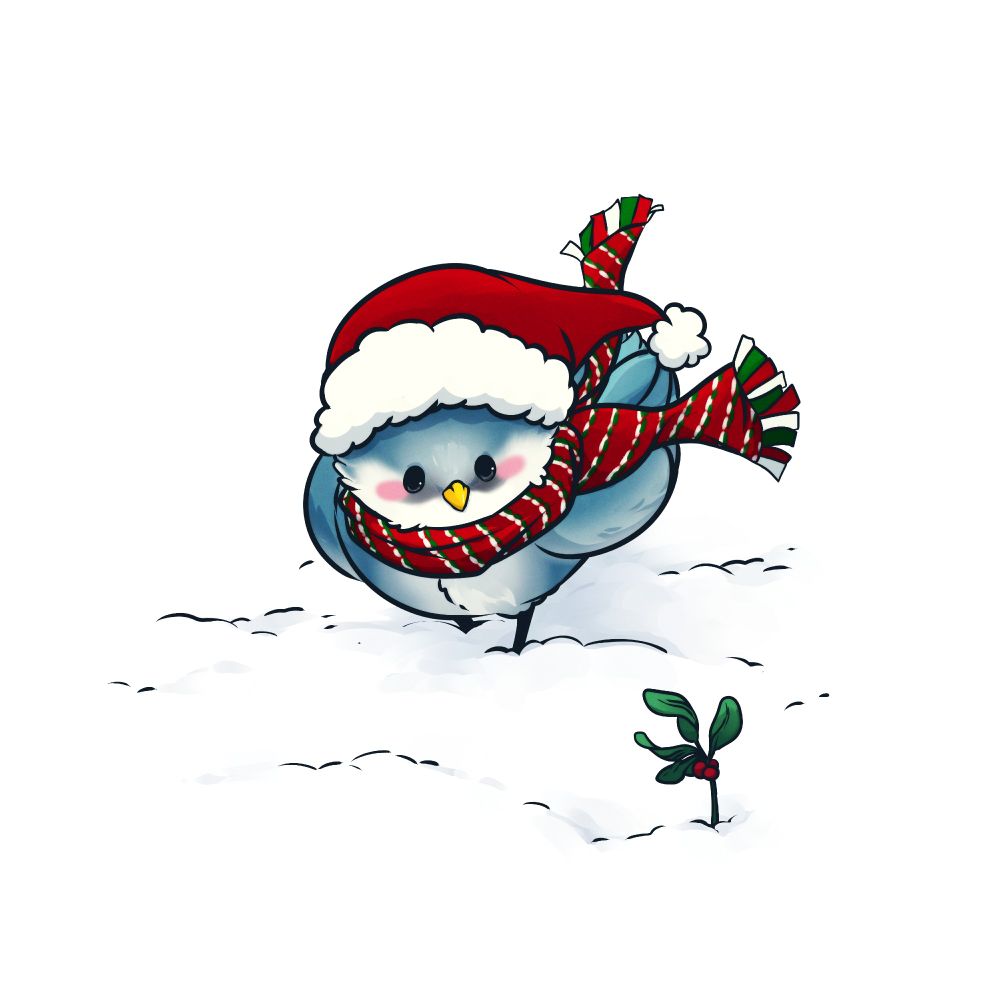Tiny grey bird in festive hat & scarf walking through the snow